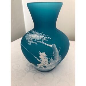 Vtg Mary Gregory Style Westmorland Satin Glass Aqua Hand painted Vase Boy  Dog